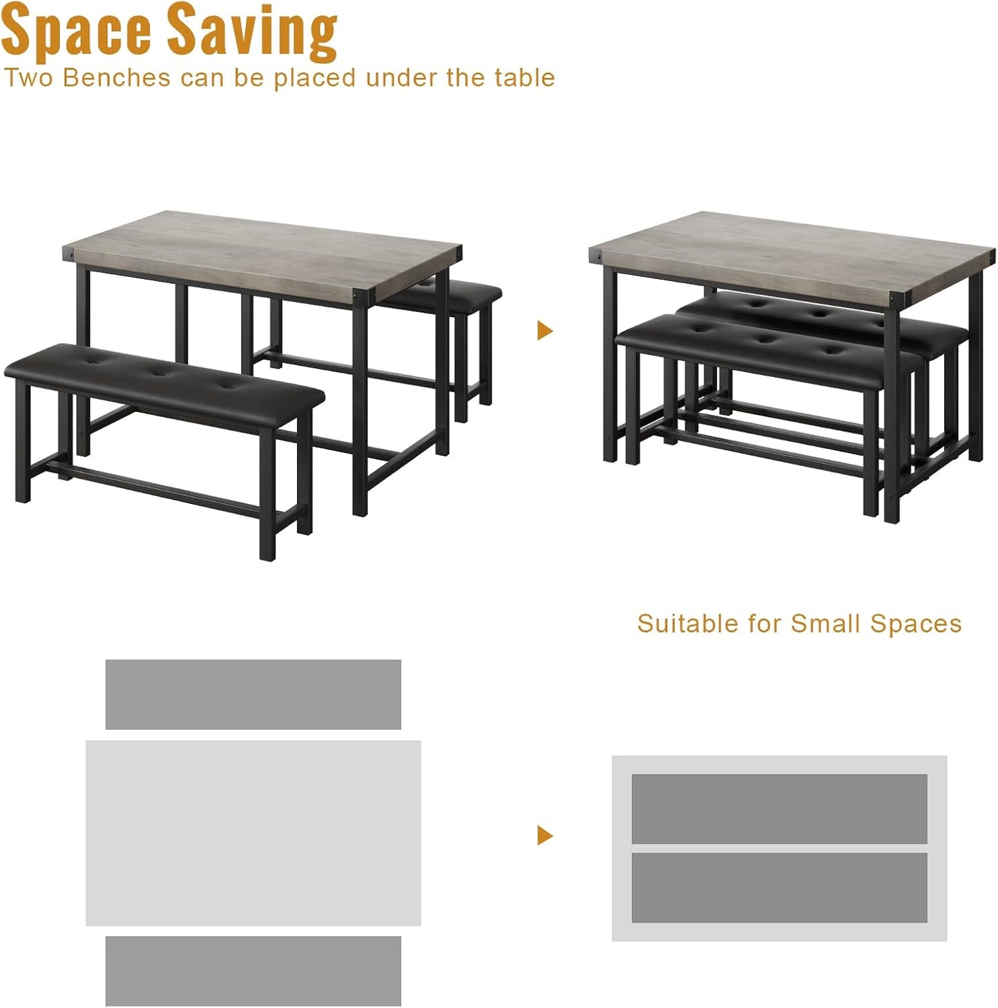 3 PSC Dining Table Set with 2 Upholstered Benches and 1 Table for 4, 44" Small Space Breakfast Nook Set, Kitchen Table with Tufted Upholstered Seats, Rustic Wood & Metal Frame, Easy Assembly