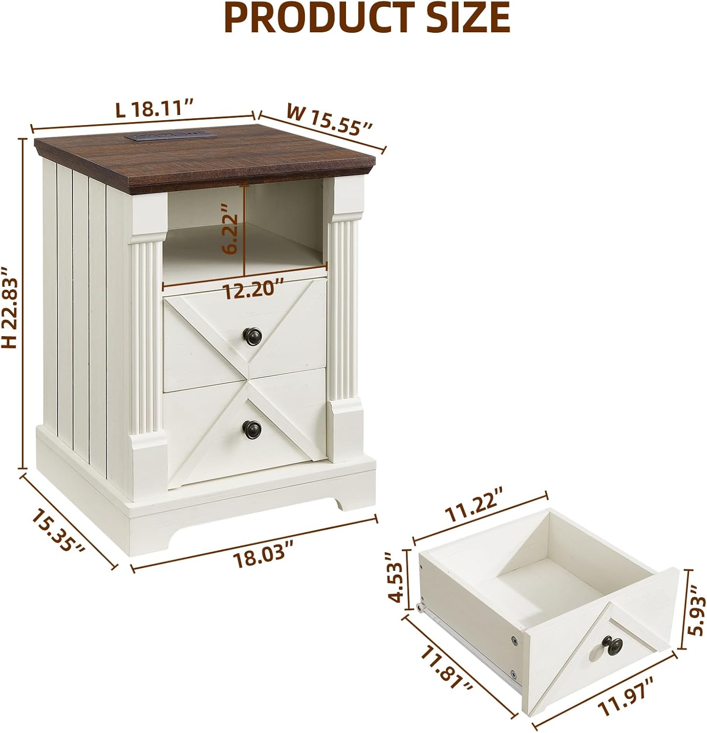Farmhouse White Night Stand Set of 2, 18" Nightstand with Charging Station, Wood Rustic End Table, Roman Column Design, Modern Design Bedside Cabinet for Bedroom,Home, Antique White