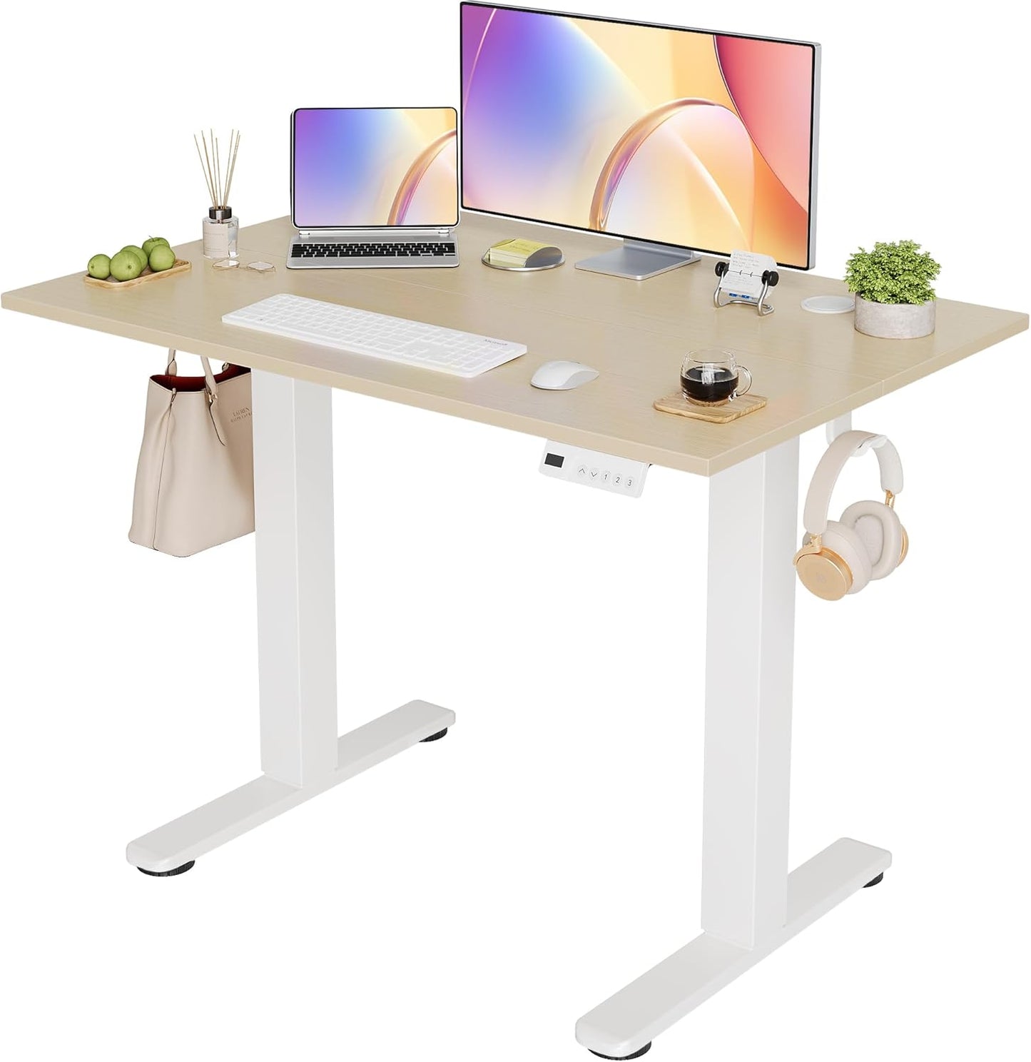 Seang Electric Standing Desk Adjustable Height, 40 x 24 Inch Sit Stand Desk with T-Shaped Frame, 3 Memory Presets & Cable Management for Home Office Computer Workstation, White Frame/Nature Top