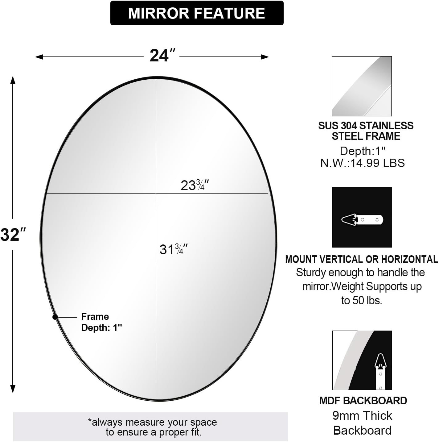 ANDY STAR Chrome Bathroom Mirror, 24x32 Inch Polished Chrome Oval Wall Mirror for Bathroom, Modern Chrome Wall Mirror Pill Shaped Stainless Steel Metal Mirror