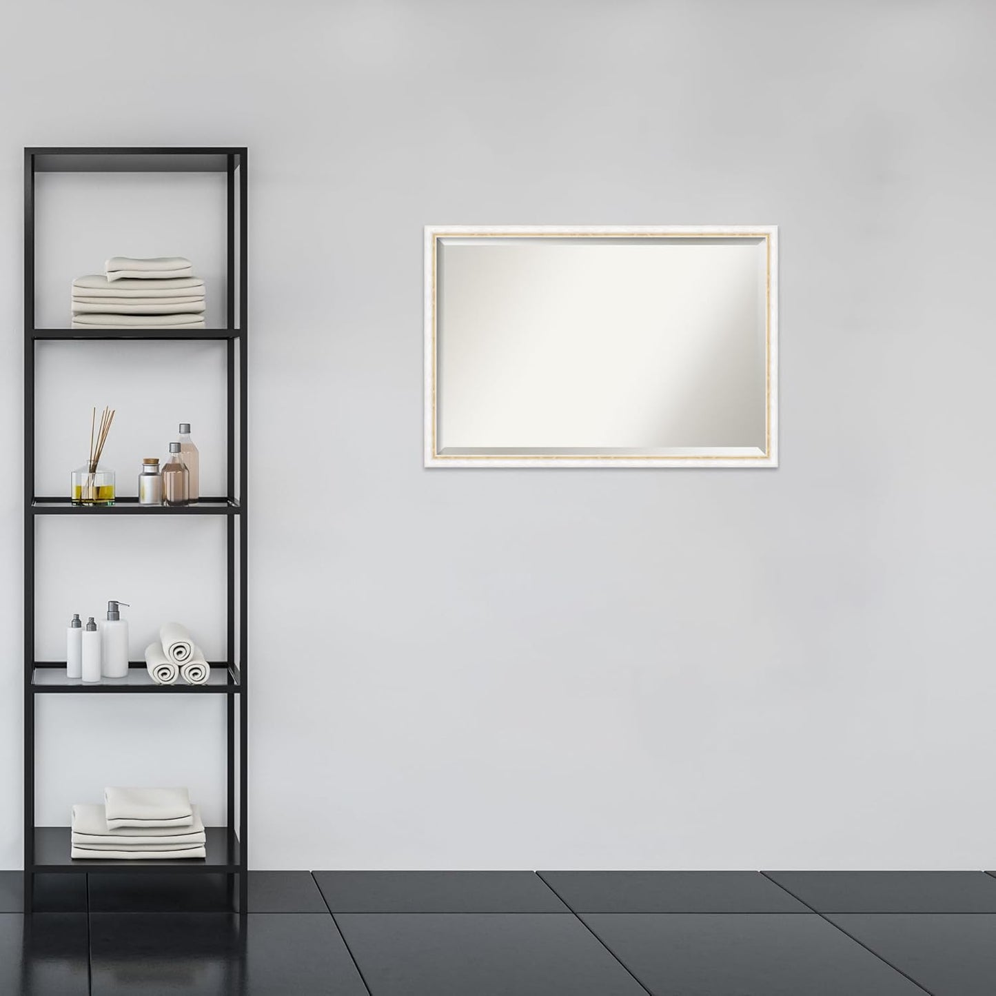 Amanti Art White Bathroom Mirror for Over Sink, 26x38 Morgan White Gold Rectangle Vanity Mirror, Large Modern Contemporary Wood Frame, Hangs Horizonally and Vertically, Bathroom Wall Decor, Beveled