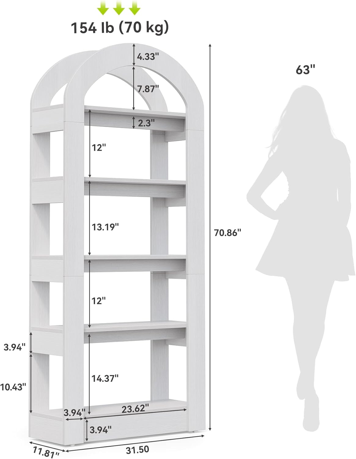 LITTLE TREE 5-Tier Bookshelf, Arch-Shaped Racks, Tall Standing Wooden Bookcase Display Shelf Modern Storage Solution (2, White)