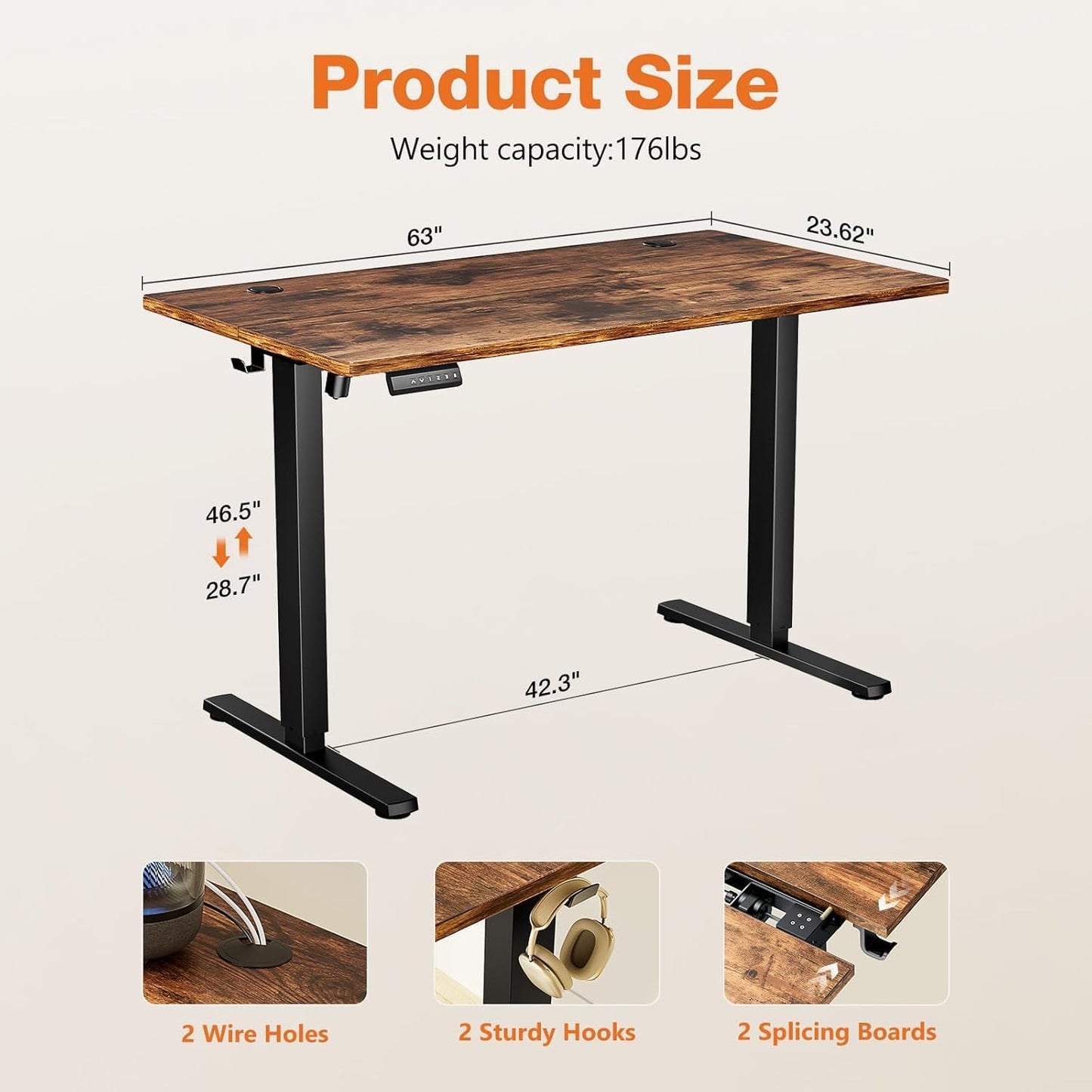 Standing Desk Adjustable Height, 63 x 24 in Electric Sit Stand up Desk for Home Office, Ergonomic Workstation Computer Desk with Two-Piece Desktop, Sit Stand Office Desk, Vintage Brown