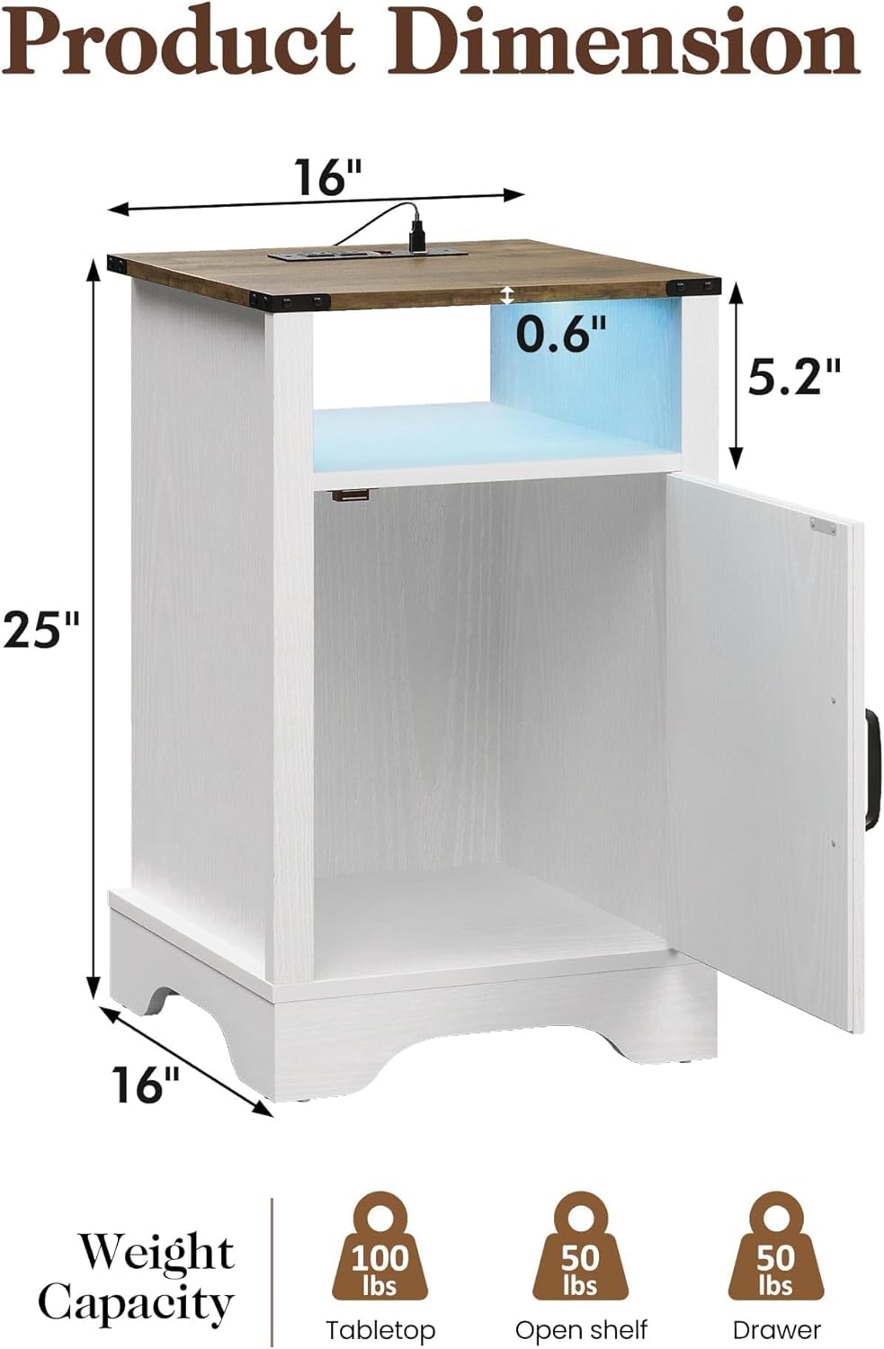 RoyalCraft Farmhouse Nightstand, White Night Stand with LED Lights and Charging Station, Bedside Table Set of 1 with Storage and Door, Wood End Table for Bedroom, Home Office, Antique White