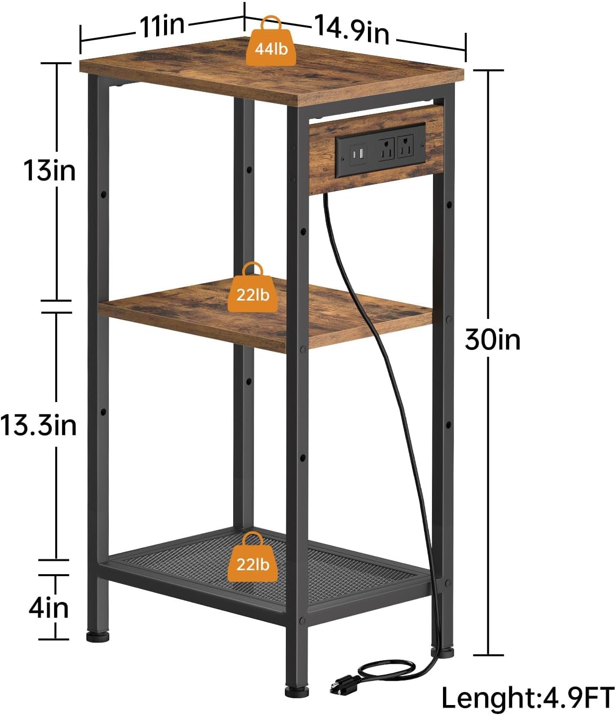 Tall End Table with Fast Charging Station, 3 Tier Narrow Side Table with Outlets and USB Ports & Type-C, Nightstand with Storage, Bedside Table Stand for Bedroom, Living Room, Rustic Brown