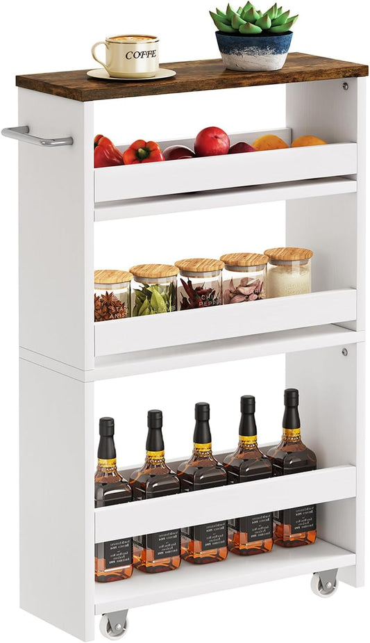 IBUYKE Slim Storage Cart 5.9" W, Rolling Organizer Trolley for Small Spaces, 4-Tier Laundry Cart with Handle, Slide Out Utility Cart for Kitchen, Living Room, Laundry,Narrow Places,White WST005W