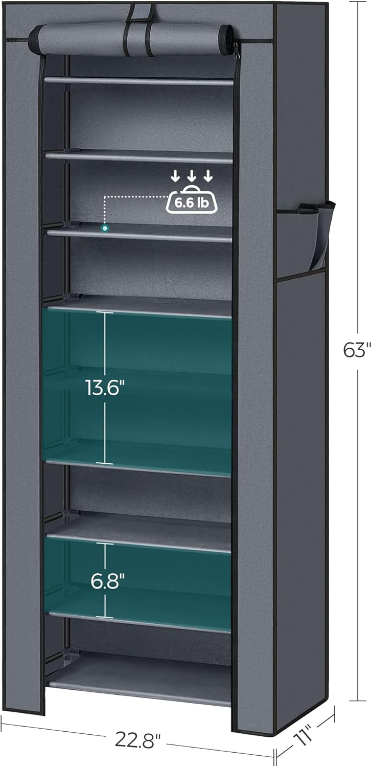 SONGMICS Shoe Rack with Non-Woven Fabric Cover, 9 Tier Storage Shelf for 27-35 Pairs of Shoes, Entryway, Suitable for Sneakers, High Heels, Flats, and Boots, Grey URXJ10G
