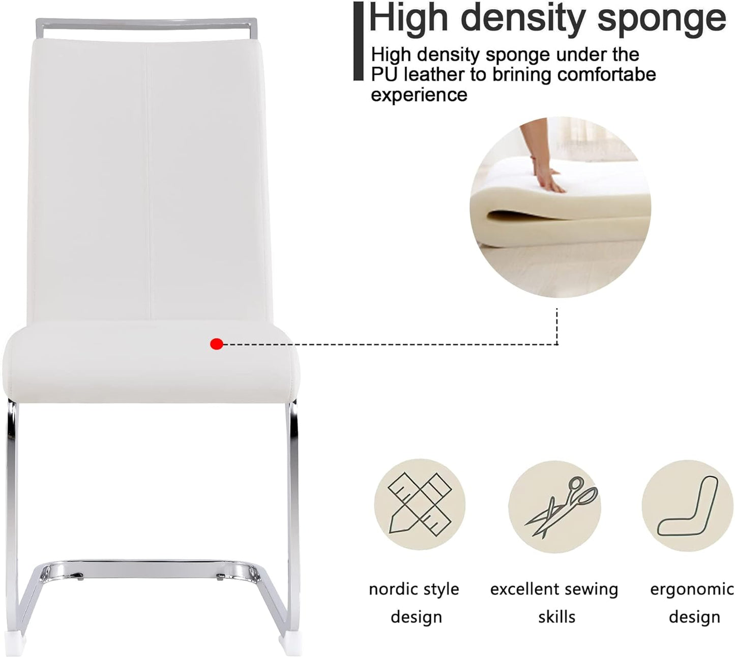 Dining Chairs Set, Kitchen Modern Metal Chairs with Faux Leather Padded Seat High Back and Sturdy Chrome Legs, Chairs for Dining Room (White, Set of 6)