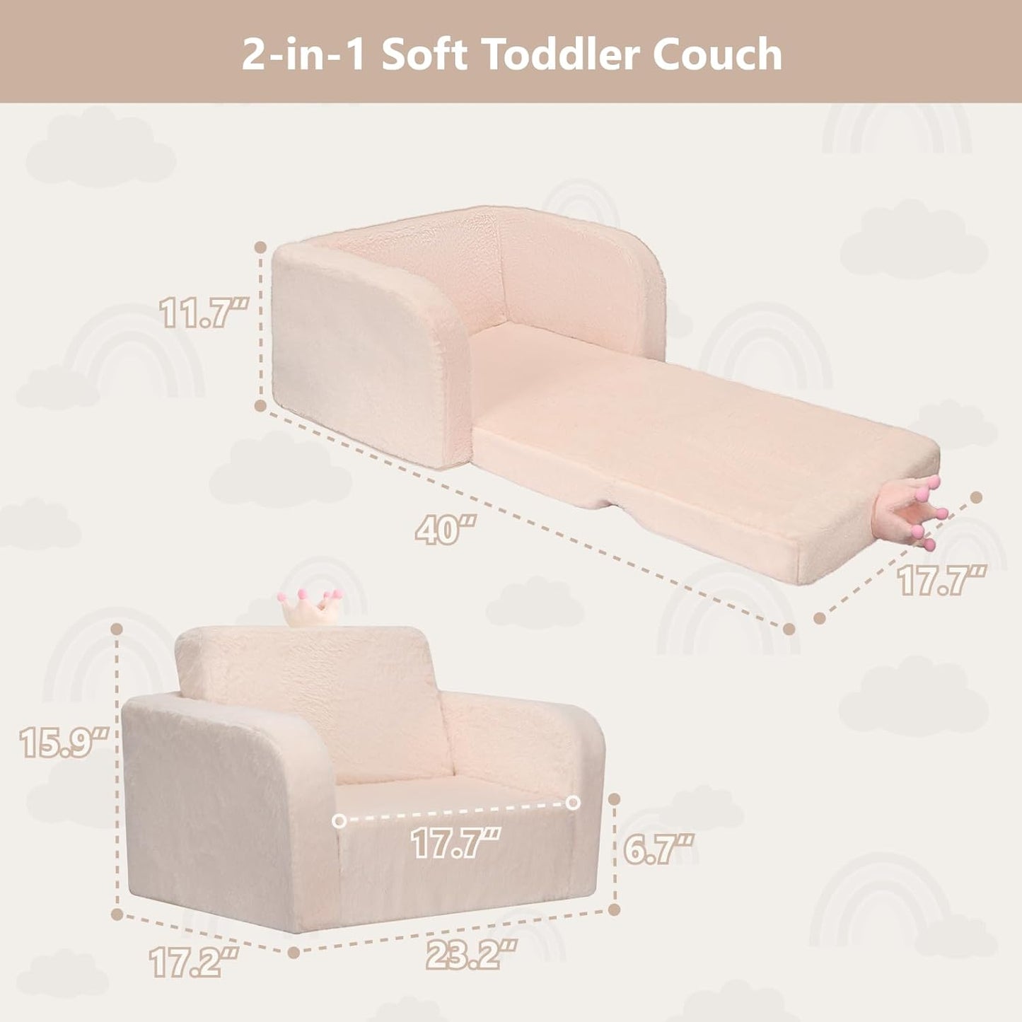 MONKISS Toddler Couch, 2-in-1 Kids Sofa Fold Out, Convertible Sofa to Lounger for Girls and Boys, Toddler Chairs Comfy 1-3 Years Old, SF04, Beige Crown