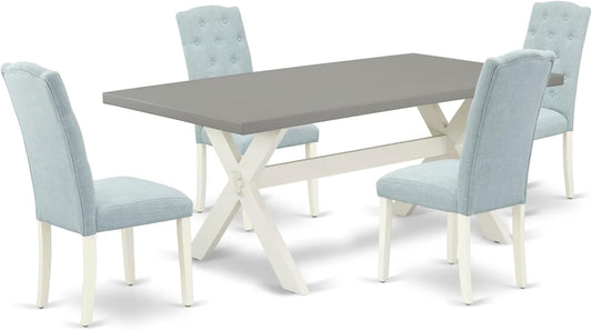 East West Furniture X097CE215-5 5 Piece Dining Room Table Set Includes a Rectangle Dining Table with X-Legs and 4 Baby Blue Linen Fabric Upholstered Parson Chairs, 40x72 Inch, Multi-Color