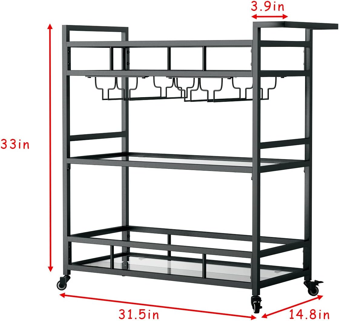 Black Metal Bar Carts with 3 Tier Glass Shelves, Rolling Serving Bar Cart with Wine Rack and Glass Holder, Industrial Bar Carts & Wine Carts on Wheels for Kitchen, Indoor & Outdoor