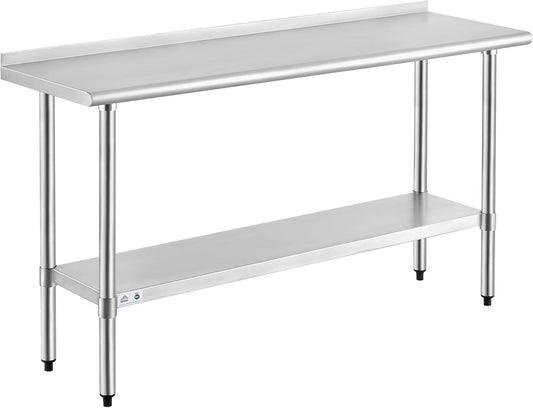 ROCKPOINT Stainless Steel Table for Prep & Work with Backsplash 18x60 Inches, NSF Metal Commercial Kitchen Heavy Duty Table with Adjustable Under Shelf and Table Foot for Restaurant, Home and Hotel