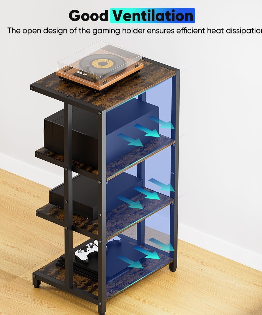 4-Tier Wooden Media Stand, AV Media Stand Corner Shelf for TV Accessories/Audiovisual Equipment/Optical Disc/PS4, Audio Storage Rack for Living Room, Gaming Room, Music Studio, Black