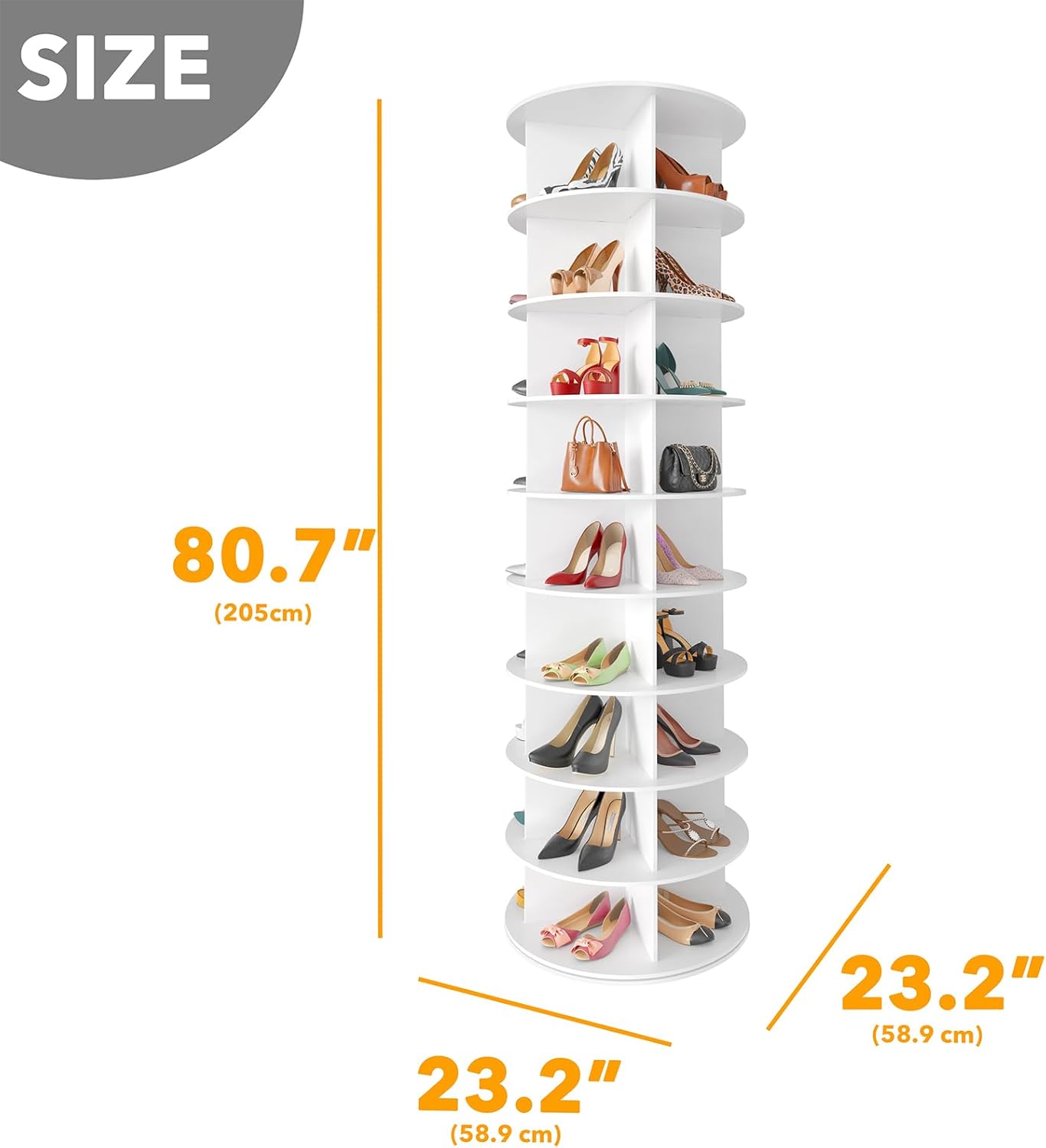 SpaceAid 9 Tier Rotating Shoe Rack Tower, Spinning Shoe Display Lazy Susan, Revolving 360 Shoe Rack Storage Round Carousel, Vertical Handbag Rotate Shoes Closet Organization (9-Tier White)