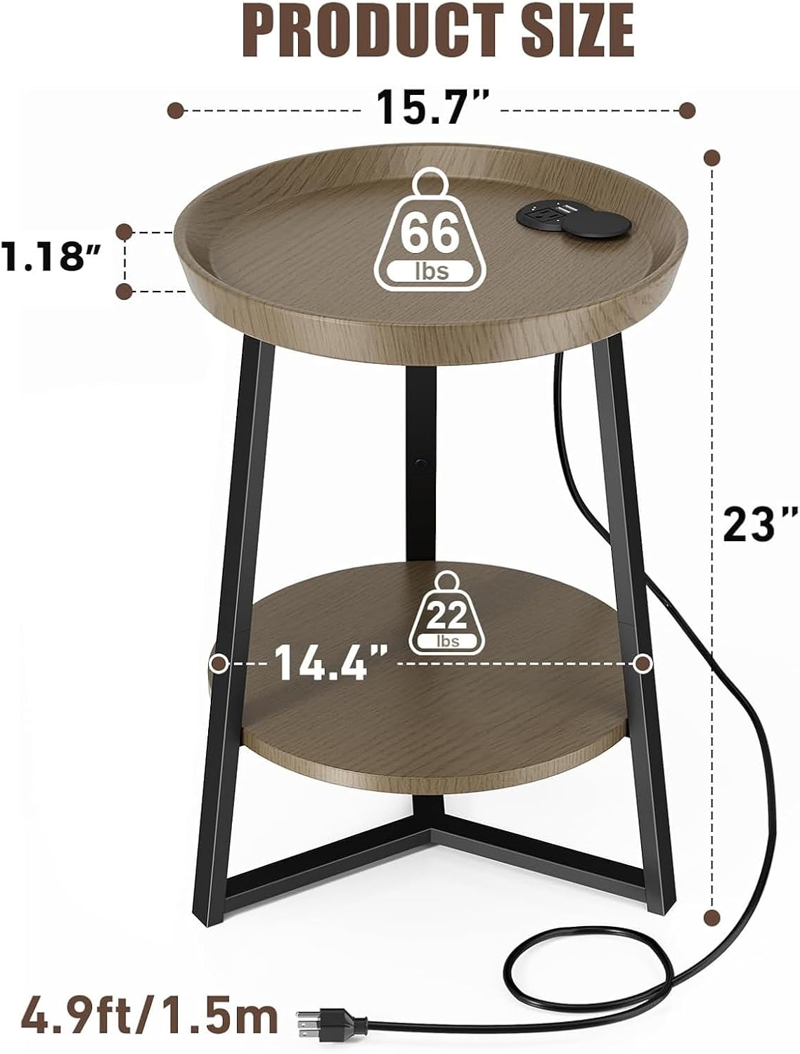 Gadroad Round End Table with Charging Station, USB Ports, Wood Tabletop & Black Metal Frame, 2-Tier Side Table for Living Room, Bedroom, Walnut Color 15.7 * 15.7 * 23.0inches