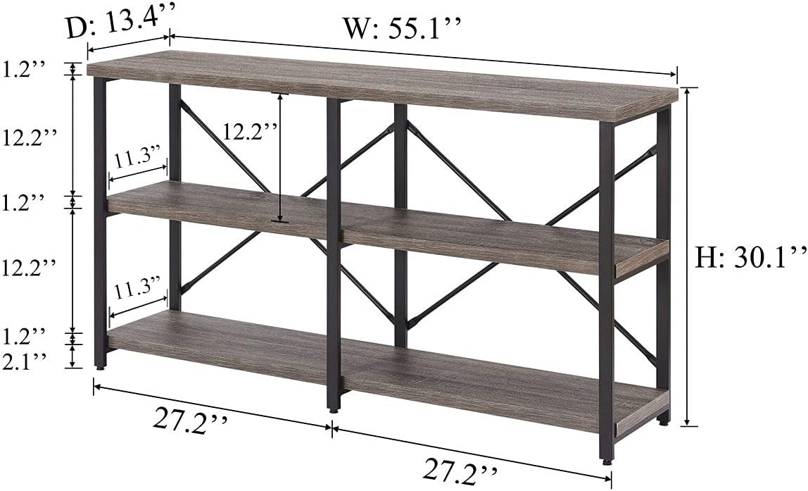 BON AUGURE 55 Inch Console Tables for Entryway, Industrial Sofa Tables for Living Room, 3 Tier Behind Couch Table, Foyer Table for Entry Way (Dark Grey Oak)