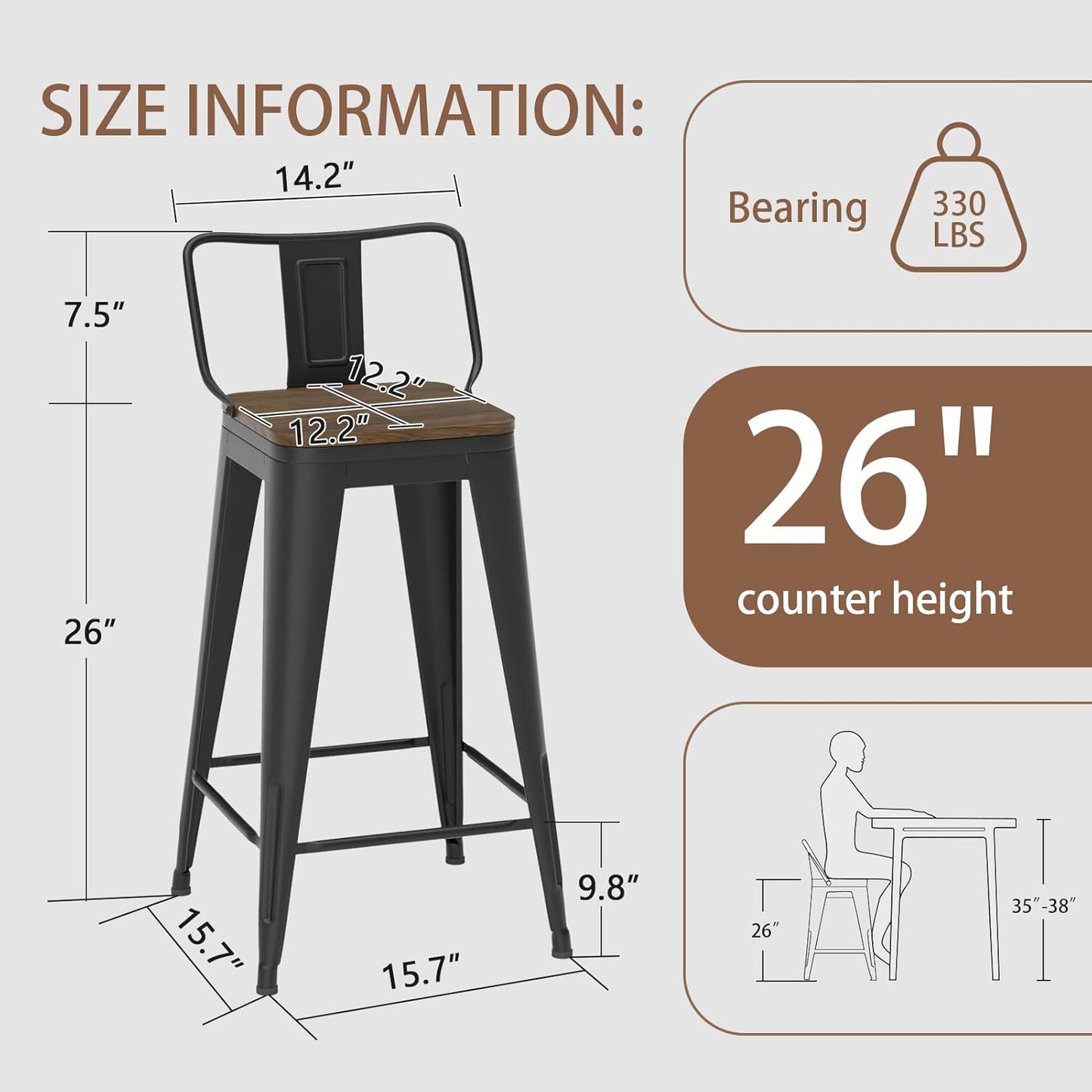 26 Inch Swivel Bar Stools Set of 4, Counter Height Bar Stools with Low Back, Metal Industrial Bar Chairs for Kitchen Island (Matte Black)