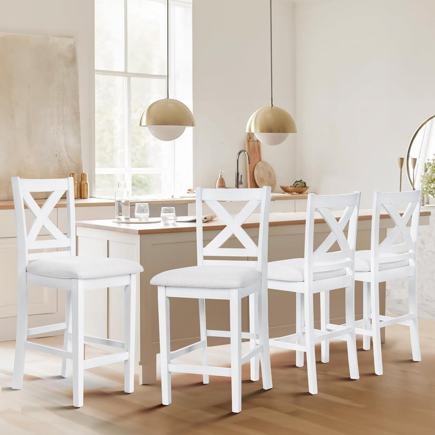 COLAMY Counter Height Bar Stools Set of 4, Kitchen Island Stools with Cross Back, Upholstered Counter Stools with Wood Legs, Modern Wooden Bar Stools for Kitchen Dining Room Bar, Grey White Wash