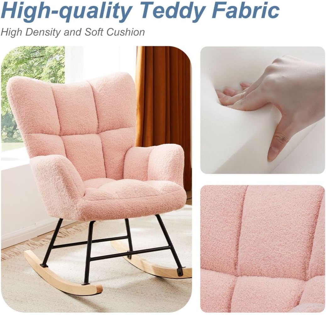 Nursery Rocking Chair, Boho Accent Ottoman, Teddy Upholstered Glider Rocker with High Backrest, Recliner Function and Foot Rest for Living Room, Small Spaces, Bedroom, Pink
