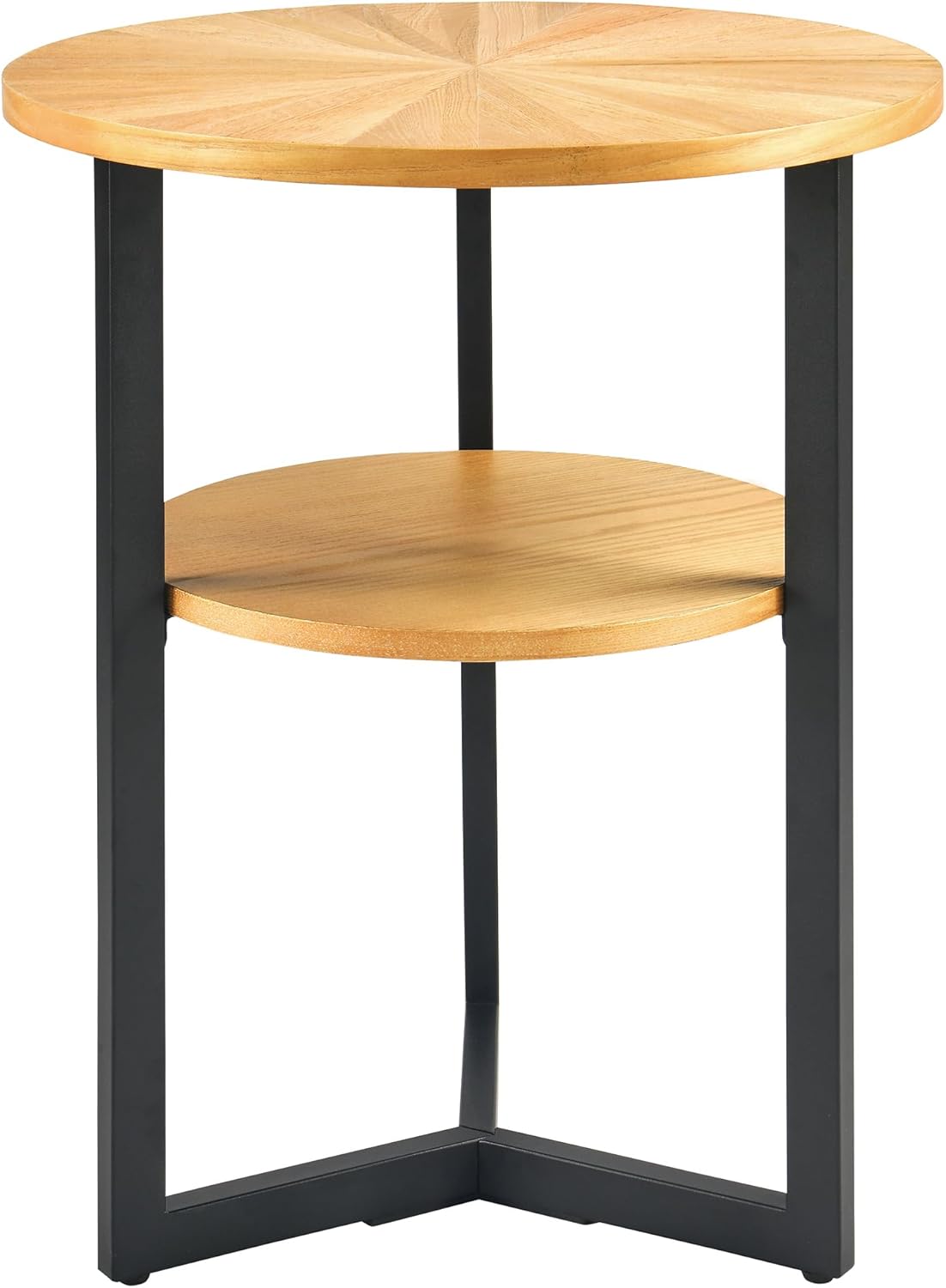 MODERION Round End Table with Storage, Solid Wood & Black Metal Frame, 19.3"L x 19.3"W x 24"H, Natural Wood & Black, 130 lbs Capacity