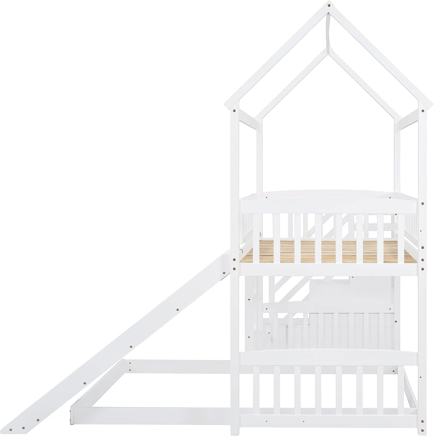 Ball & Cast Twin Over Twin Size House Bunk Bed with Slide and Storage Steps,Wood Bunkbed w/Full-Length Guard Rail & Ladder,Slat Support,Space Saving,Bedroom Furniture for Student Dorms,White