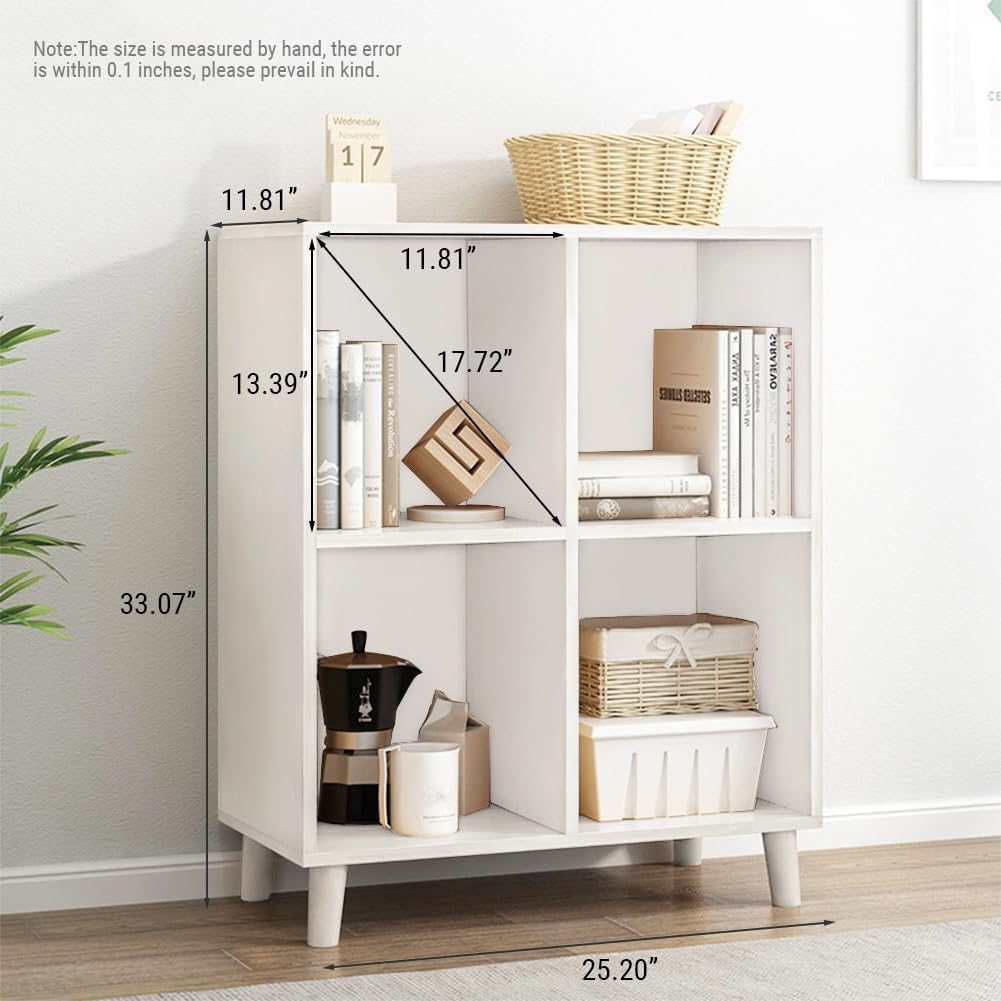 IOTXY Open Cube Low Bookcase - 2-Tier Freestanding Storage Display Cabinet Organizer with Legs for Home Office, 4-Cubes Open Shelf Short Bookshelf, White