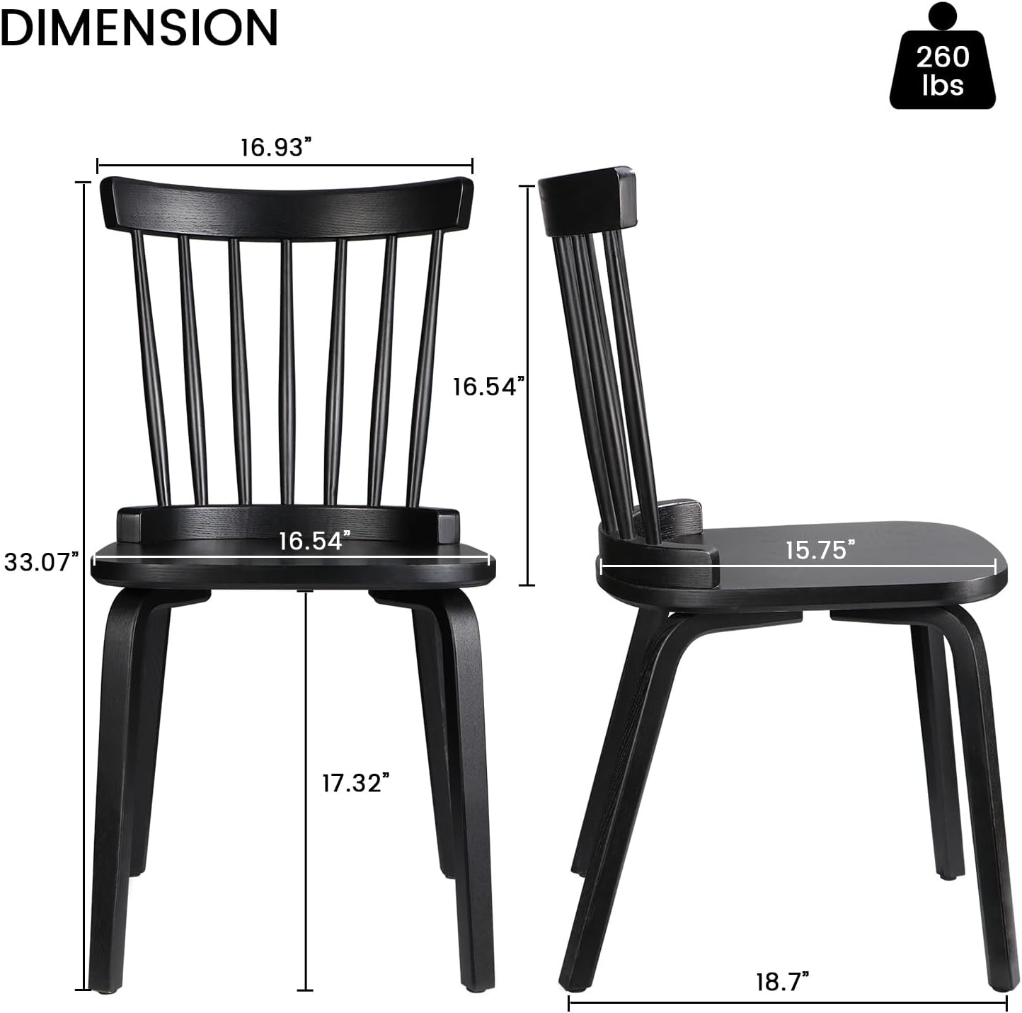 Unovivy Wood Dining Chairs Set of 2, Windsor Farmhouse Spindle Back, Widen Seat, Modern Mid-Century Country Style, for Living Room Restaurant, Black