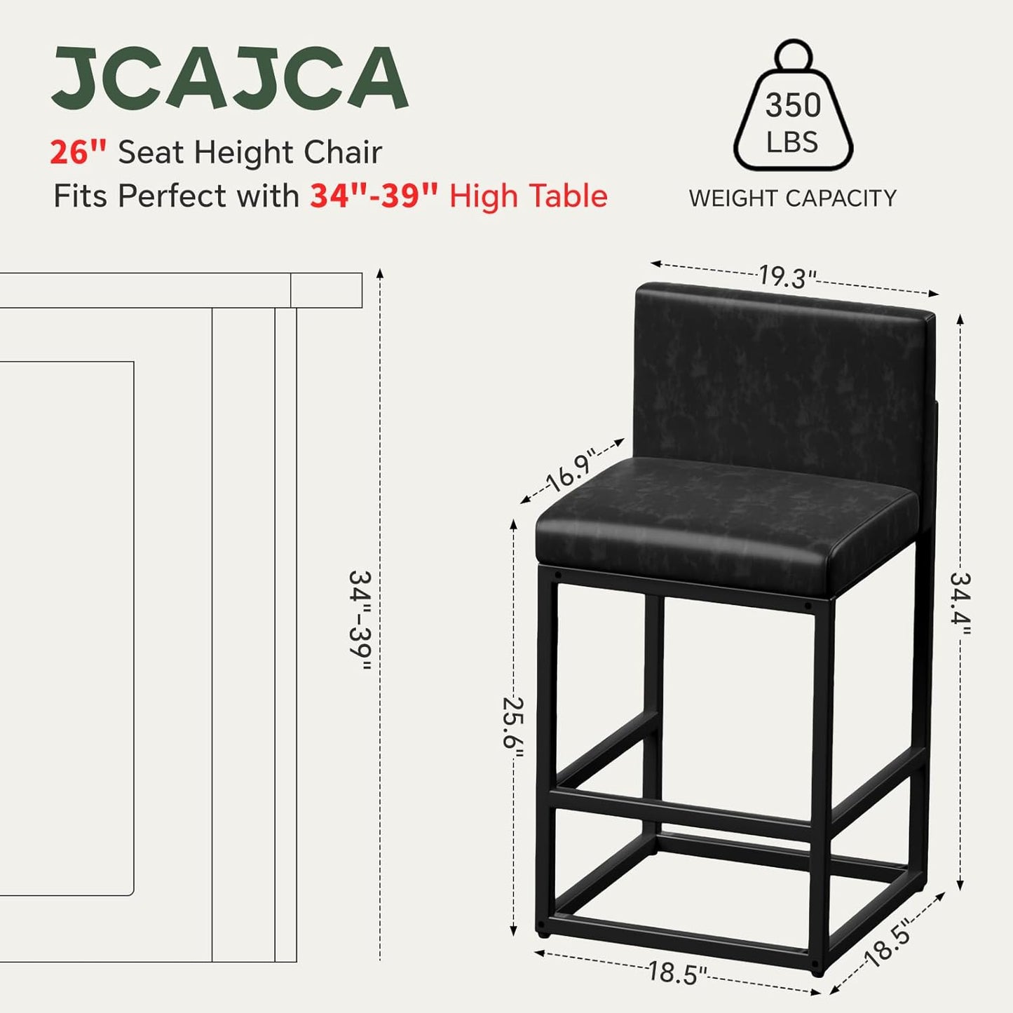 Barstools Set of 2 Black Metal Bar Stools Modern Bar Chairs Pu Leather for Kitchen Island Counter Height Cafe Resturant Stools, 26 Inch