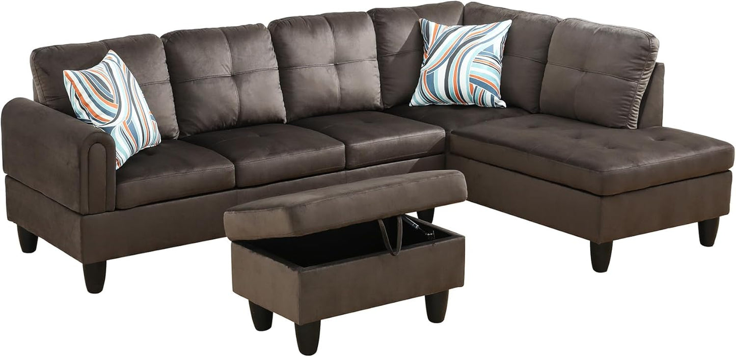 Couches for Living Room Modern L Shaped Couch Comfy Flannel Fabric 3 Pieces Sectional Sofa with Chaise, Ottoman with Storage for Office and Small Apartment, Dark Brown