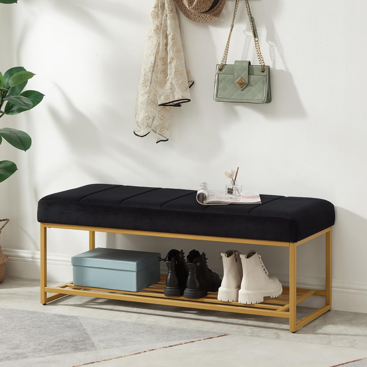 24KF Black Velvet Upholstered End of Bed Bench with Metal Shelf, Modern Tufted Channel Entryway Bench Footboard Bench for Living Room, Bedroom, Gold Bench,5036-Black
