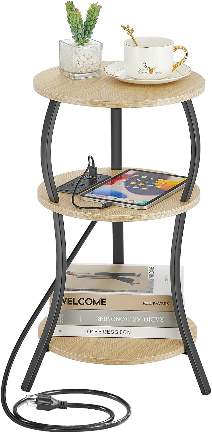 Small Round Side Table with Charging Station, 3-Tier Waist Circular End Table with Storage Shelf, Compact Tea Sofa Side Table Small Spaces, Round Corner Coffee Table for Living Room Bedroon,Oak