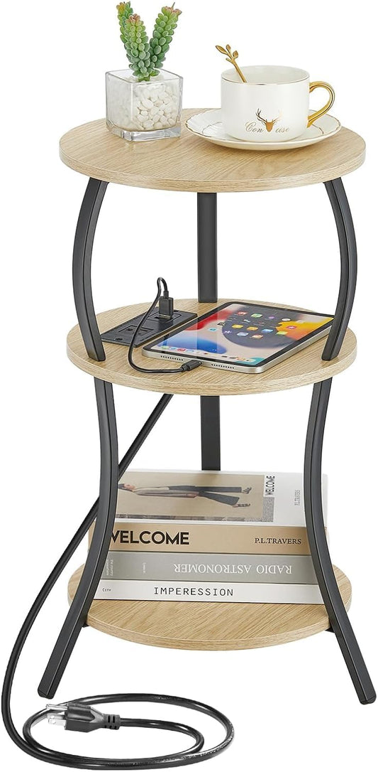 Small Round Side Table with Charging Station, 3-Tier Waist Circular End Table with Storage Shelf, Compact Tea Sofa Side Table Small Spaces, Round Corner Coffee Table for Living Room Bedroon,Oak