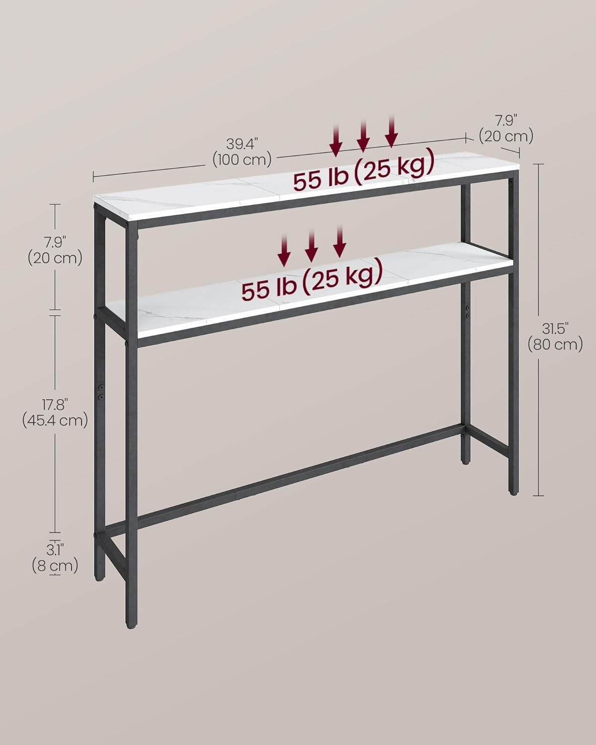 VASAGLE Console Table, 2-Tier Narrow Sofa Table with 2 Shelves, 7.9 x 39.4 x 31.5 Inches, for Living Room, Hallway, Entryway, Marble White and Ink Black ULNT131W59V1