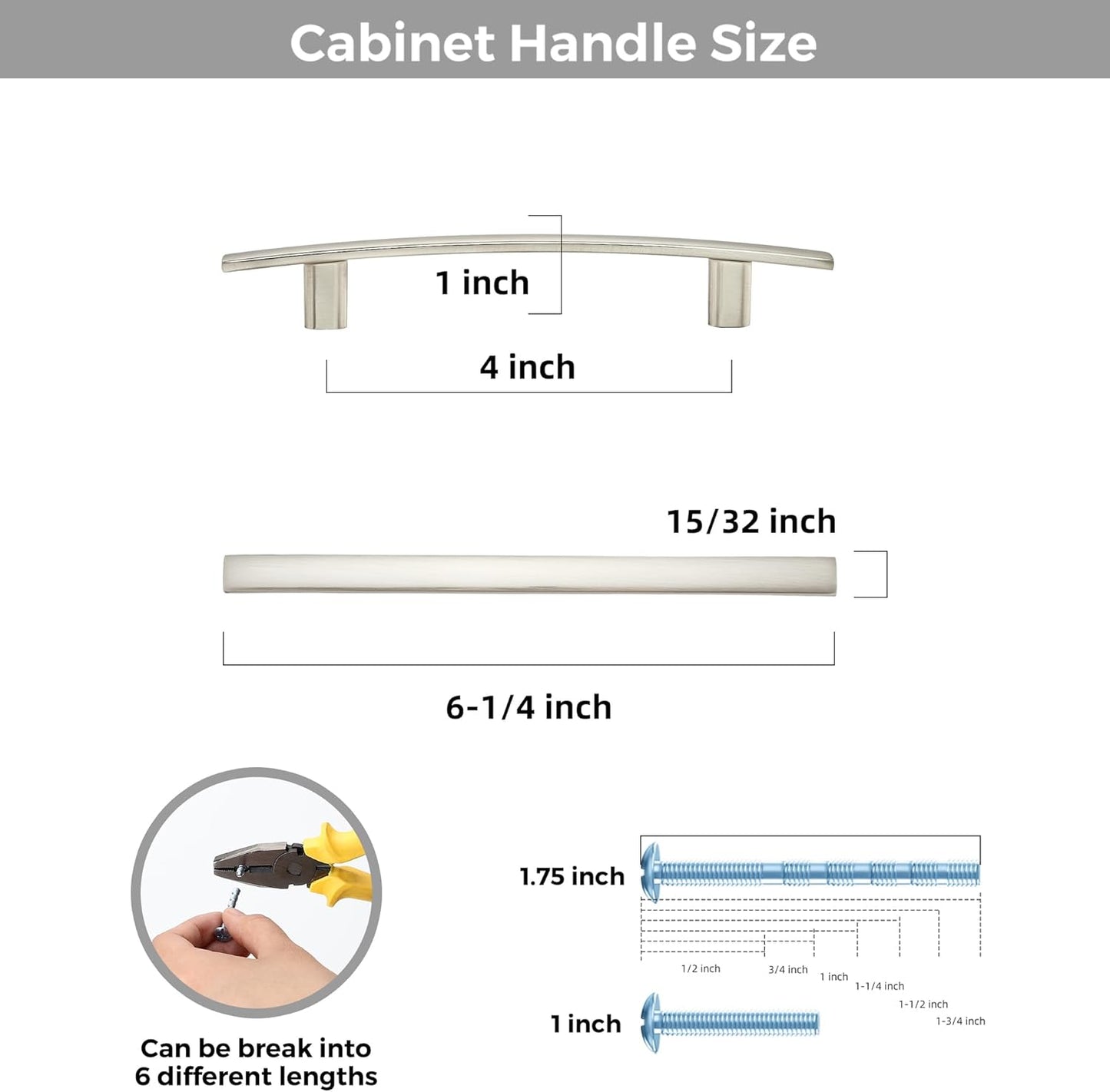 15 Pack Cabinet Handles 4" Hole Center - Curved Cabinet Pulls Brushed Nickel Drawer Pulls for Kitchen Cupboard Solid Hardware for Dresser Drawer Arch Hardware