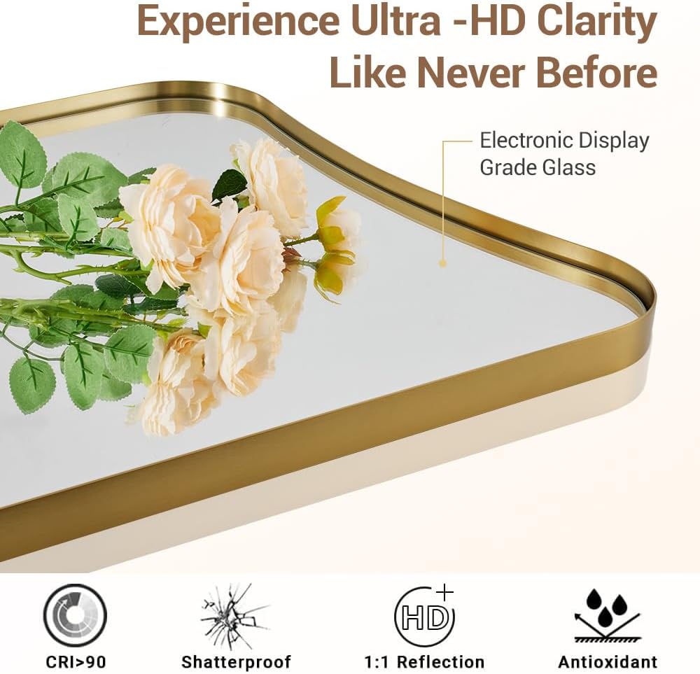 ANDY STAR Gold Vanity Mirror, 26x38 Inch Brushed Gold Asymmetrical Wall Mirror, Antique Brass Bathroom Mirror in Anti-Rust Stainless Steel Metal Frame, Large Decorative Mirror, Butterfly Shape