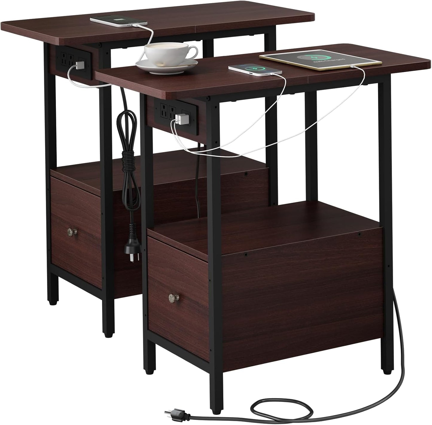 LIDYUK End Table with Charging Station, Narrow Side Table with Drawer and USB Ports & Power Outlets, Nightstand Bedside Tables for Small Spaces, Bedroom, Living Room, Dark Cherry, Set of 2