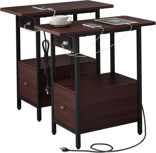 LIDYUK End Table with Charging Station, Narrow Side Table with Drawer and USB Ports & Power Outlets, Nightstand Bedside Tables for Small Spaces, Bedroom, Living Room, Dark Cherry, Set of 2