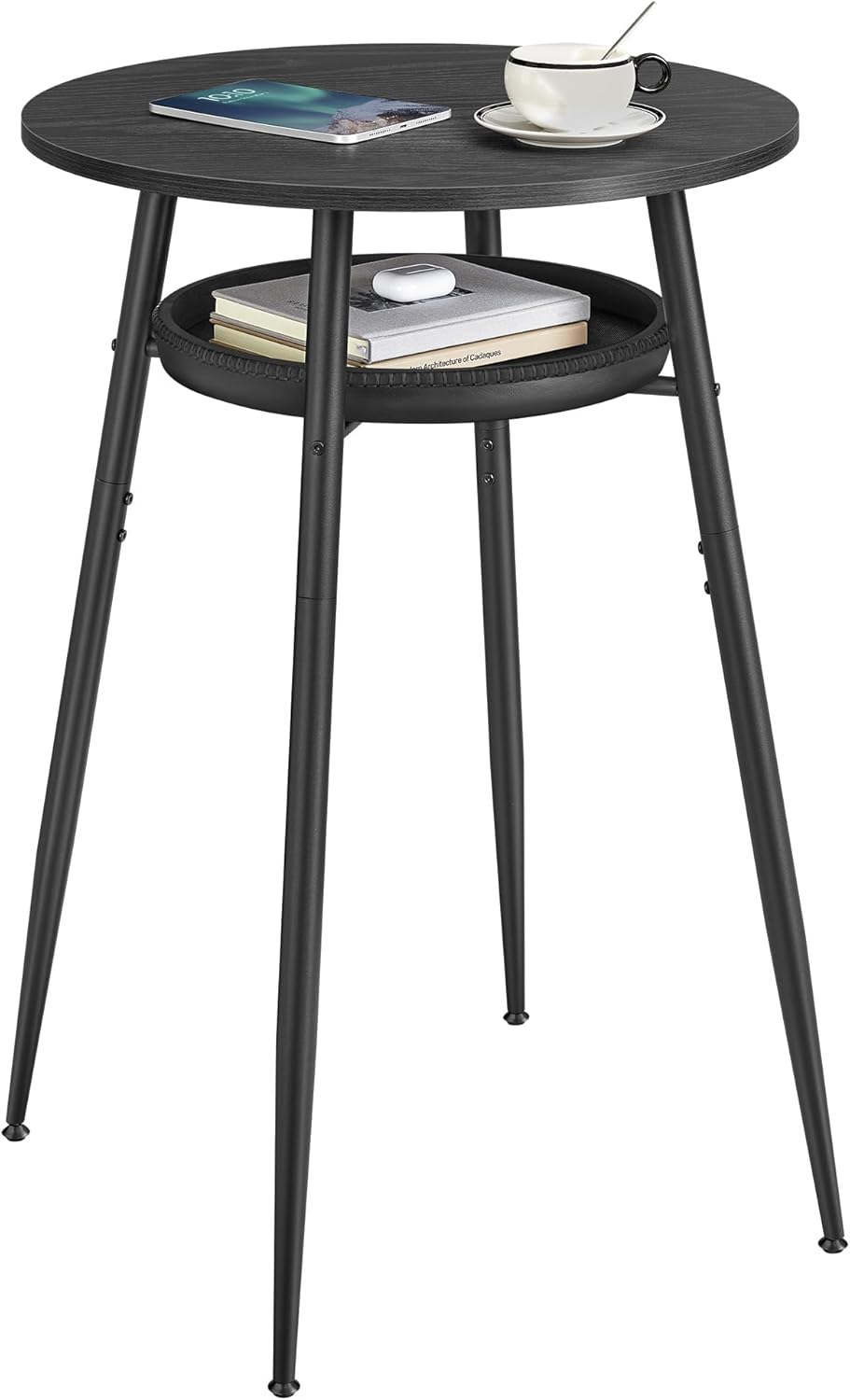 VASAGLE EKHO Collection - Bar Table with Storage, Round High Pub Table, Synthetic Leather with Stitching, Mid-Century Modern, Kitchen Home Bar, Living Room, Easy Assembly, Ebony Black and Ink Black