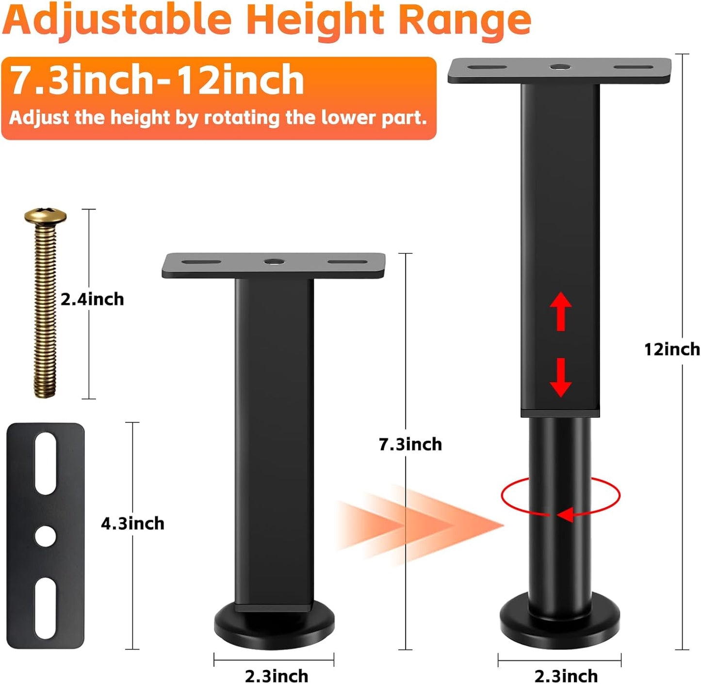 4PCS Adjustable Height Bed Support Legs, 7.3-12 In, Metal Heavy Furniture Legs with Rubber Non-Slip Base for Sofa/Cabinet/Couch/Dresser/Table, Furniture Feet Replacement for King Queen Bed Frame Slat