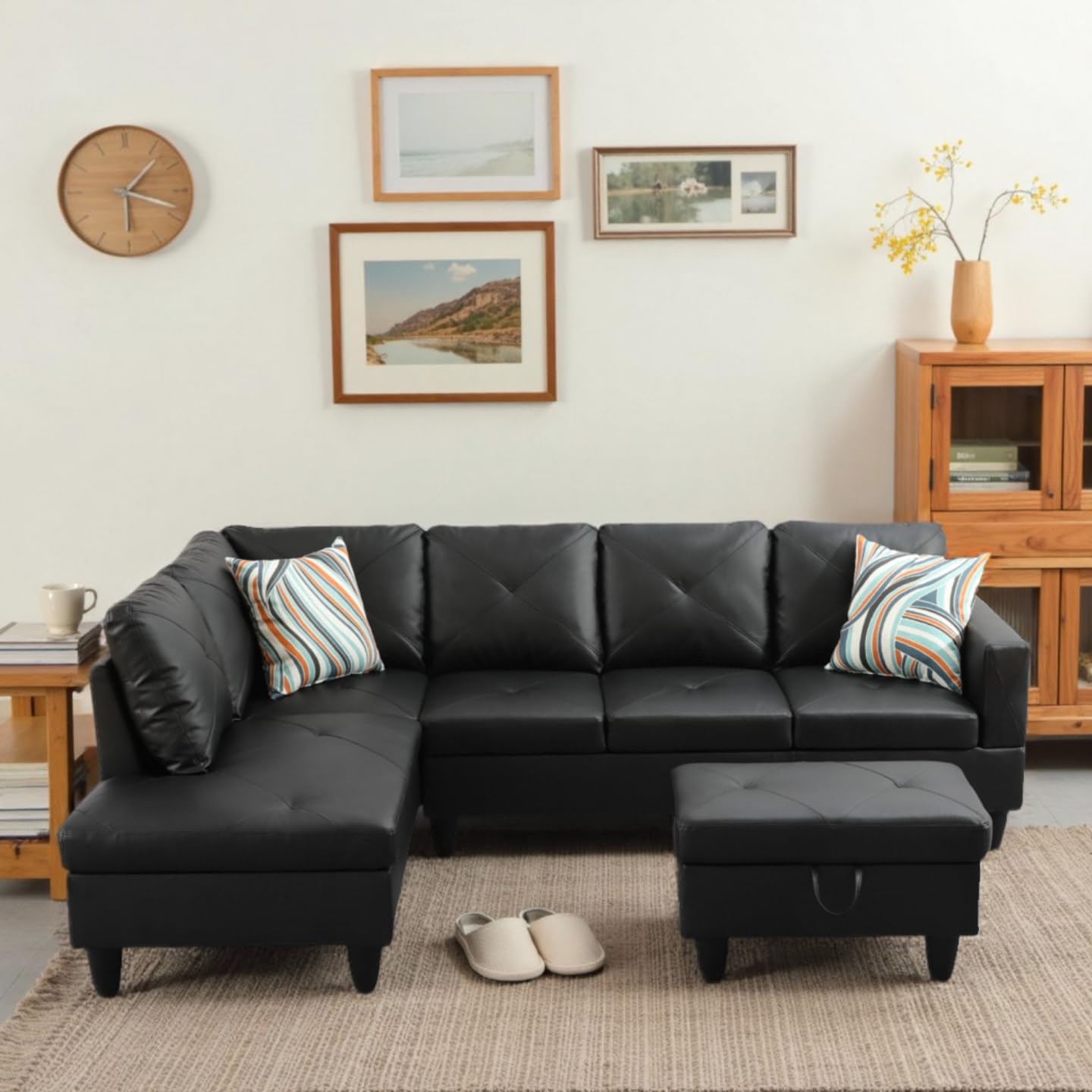 L-Shaped Sectional Sofa with Ottoman, Color Blocking Flannel Leather Right-Facing Modern Couch for Living Room, Bedroom, Office, Black Stripe