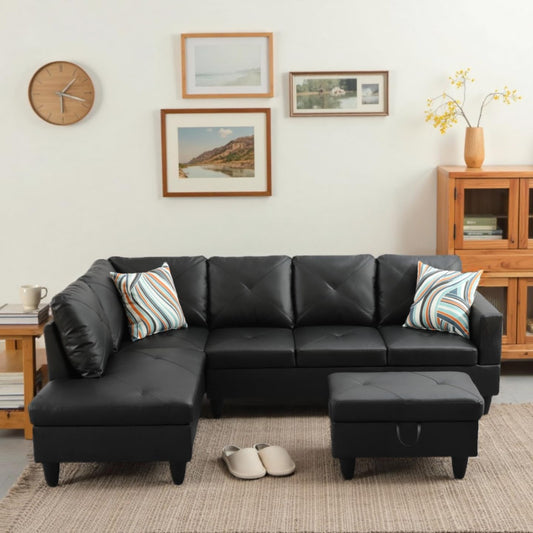 L-Shaped Sectional Sofa with Ottoman, Color Blocking Flannel Leather Right-Facing Modern Couch for Living Room, Bedroom, Office, Black Stripe