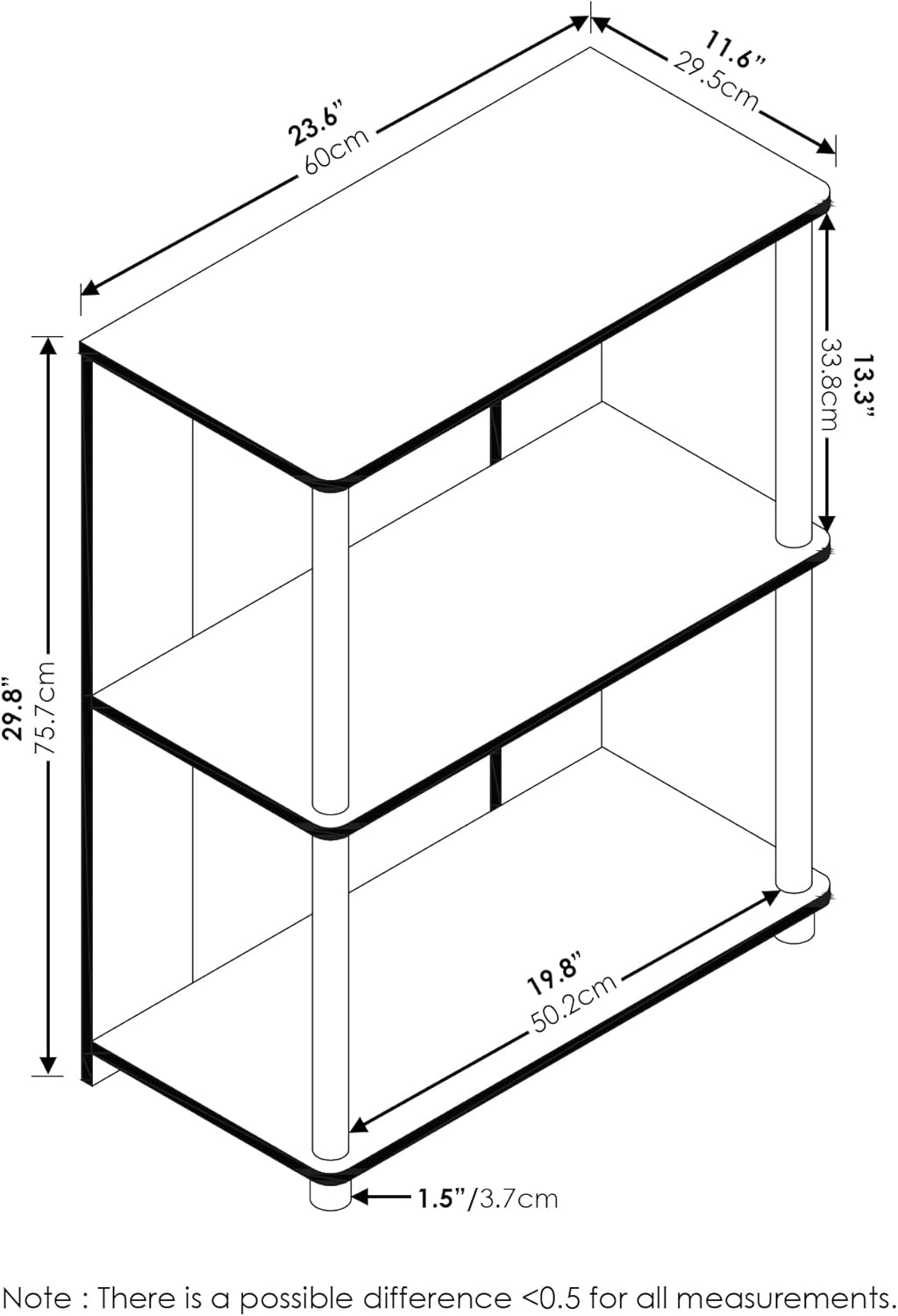 Furinno Jaya Simple Design 3-Tier Bookcase / Bookshelf / Display Rack with Stainless Steel Tubes, White Oak