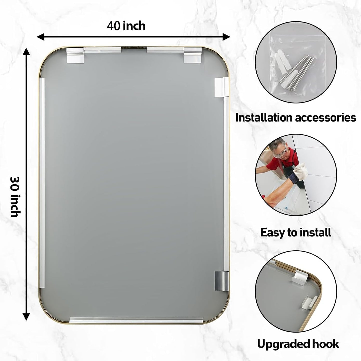 40x30 Inch Gold Bathroom Mirror, Brushed Gold Metal Framed Rectangular Mirror with Rounded Corner, Bathroom Vanity Mirror for Bedroom or Living Room, Horizontal/Vertical