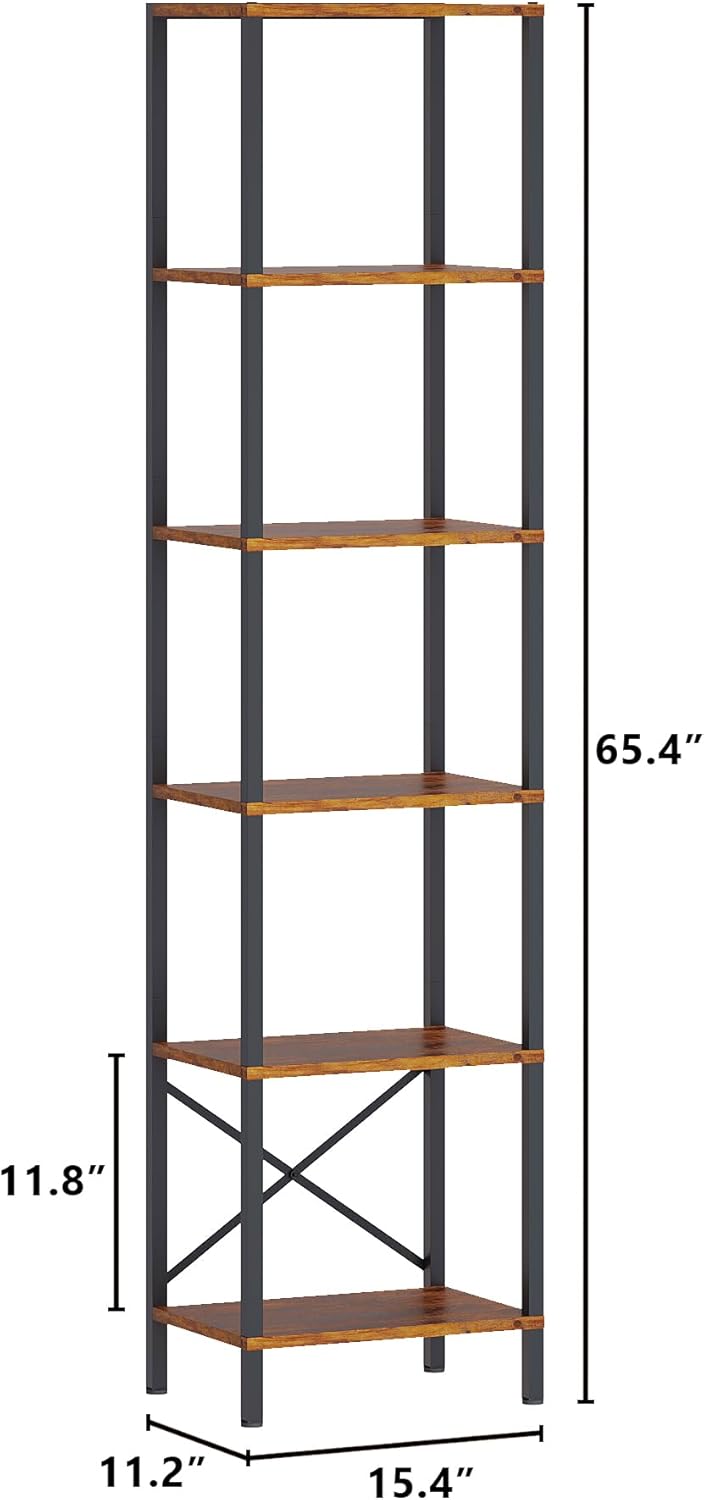 6-Tier Bookshelf, Tall Narrow Bookcase with LED Lights, Book Shelf with Steel Frame, Display Storage Shelf for Living Room, Bedroom, Home Office, Study, Balcony, Rustic Brown