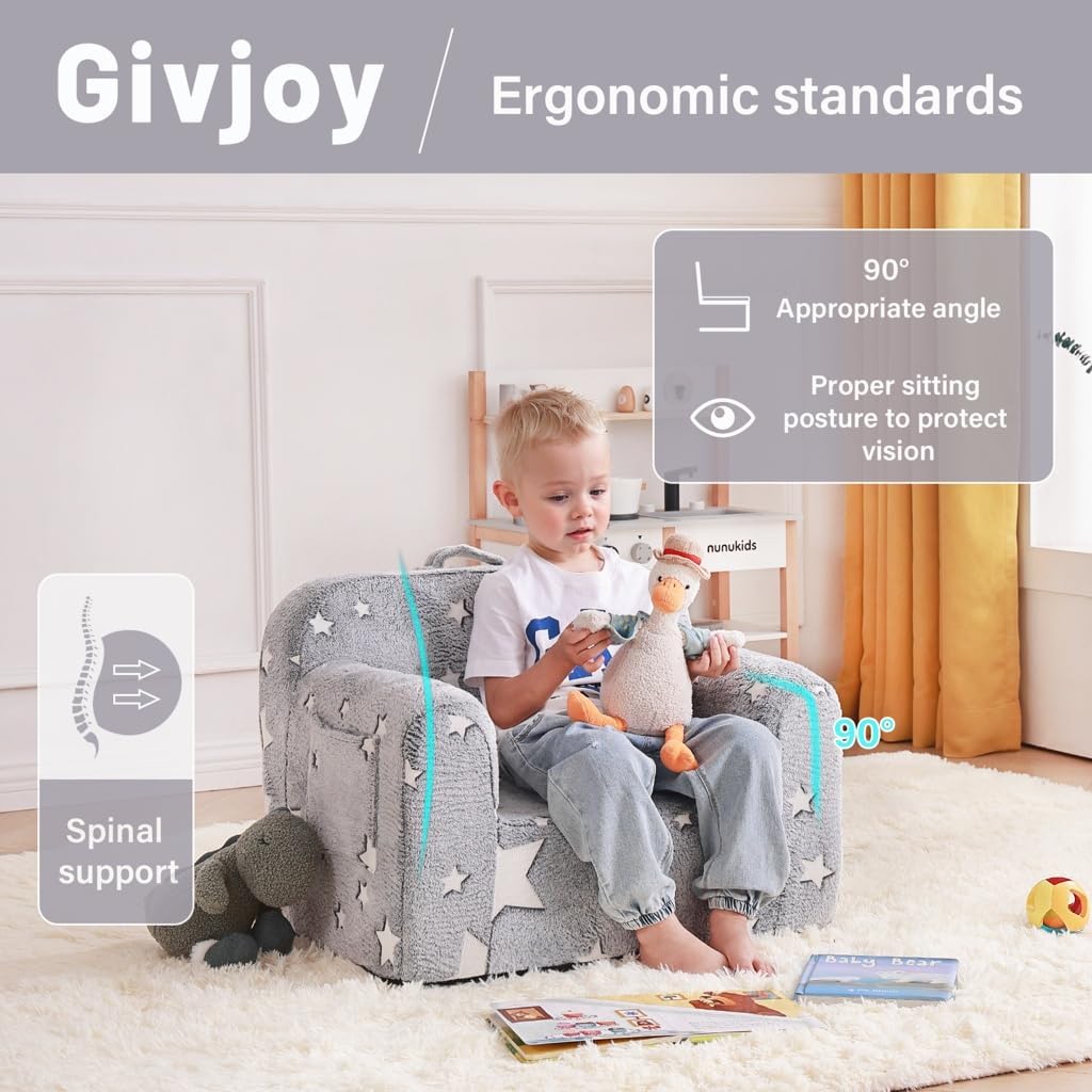 Toddler Chair Plush Kids Couch, Comfy Glow in The Dark Armchair with Removable and Washable Cover Carrying Handle Kids Sofa, Convertible Reading Chair Toddler Couch for Girls and Boys