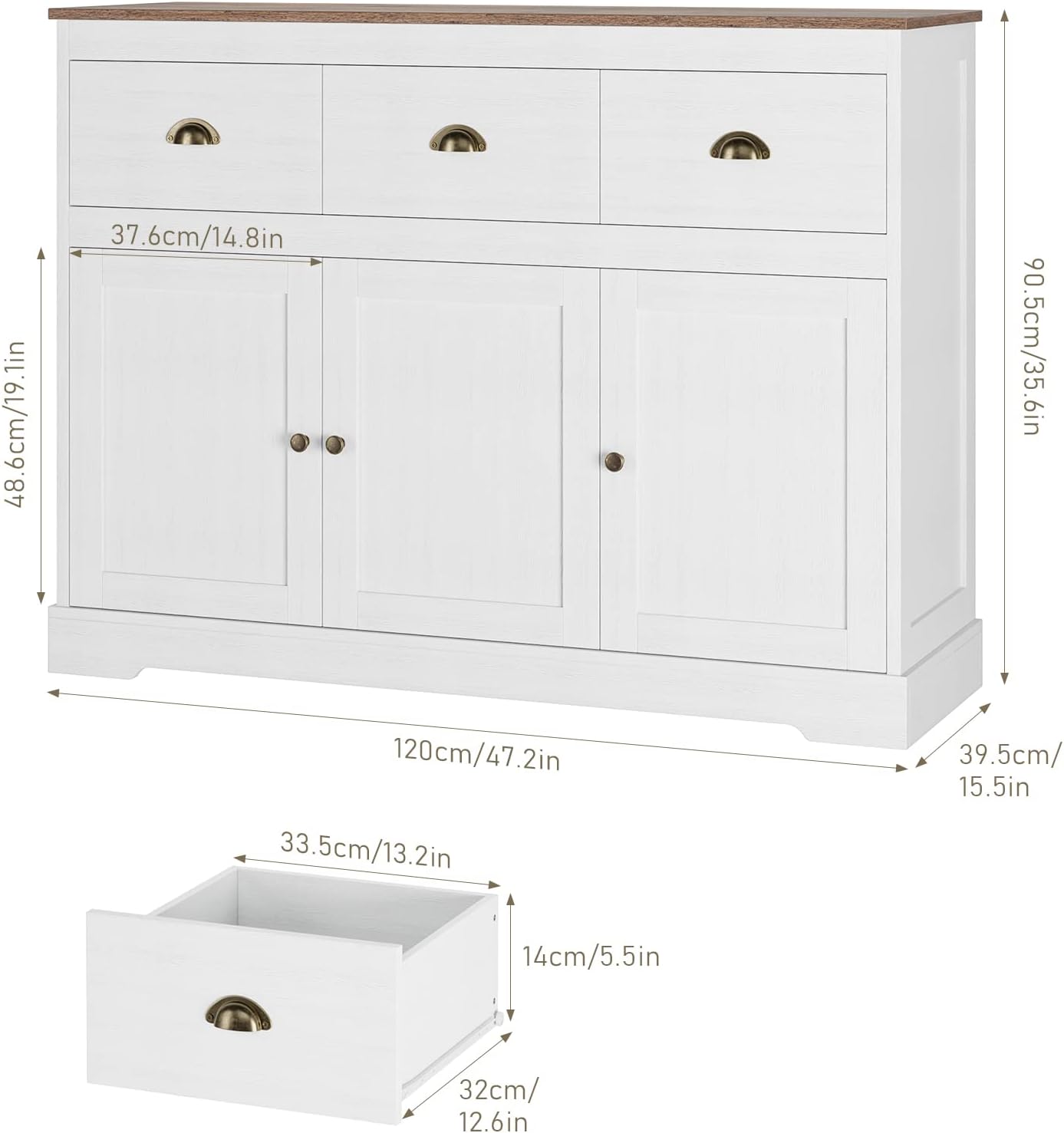 Keyluv Buffet Cabinet Storage Kitchen Sideboard Farmhouse Buffet Server Bar Wine Cabinet with 3 Drawers & 3 Doors Adjustable Shelves Console Table for Dining Living Room Cupboard, Antique White