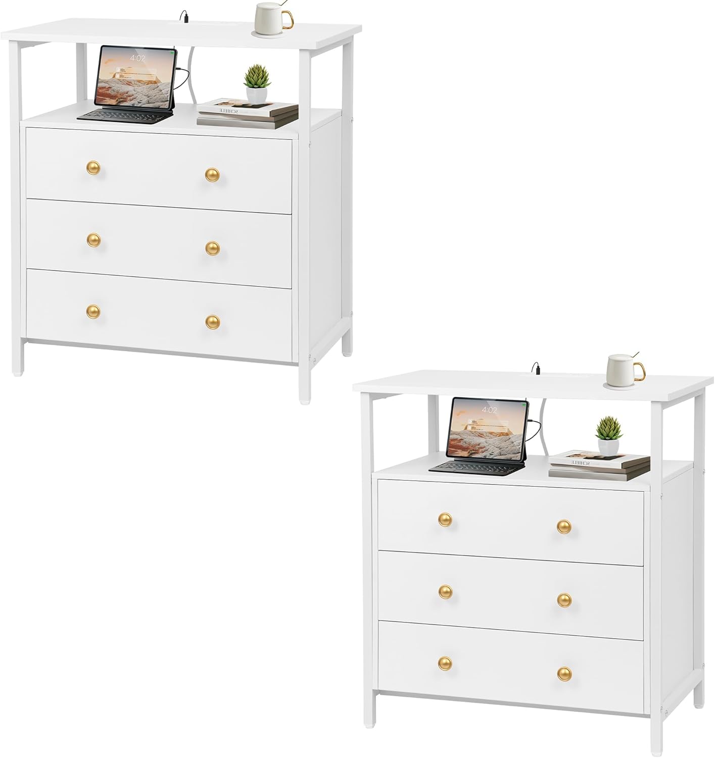 3 Wooden Drawers Nightstand, 27 Inch Wide Night Stand Set 2 with Charging Station and Adjustable Drawers, Bedside Table for Living Room/Bedroom/Office, White.