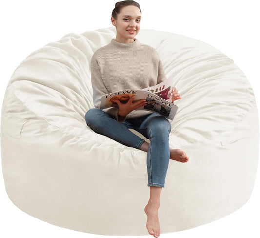 3FT Bean Bag Chair, Comfy Bean Bag Chairs with Memory Foam Filled, Fluffy Beanbag Sofa with Dutch Velvet Cover, Round BeanBag Chairs for Living Room, Playroom - Beige