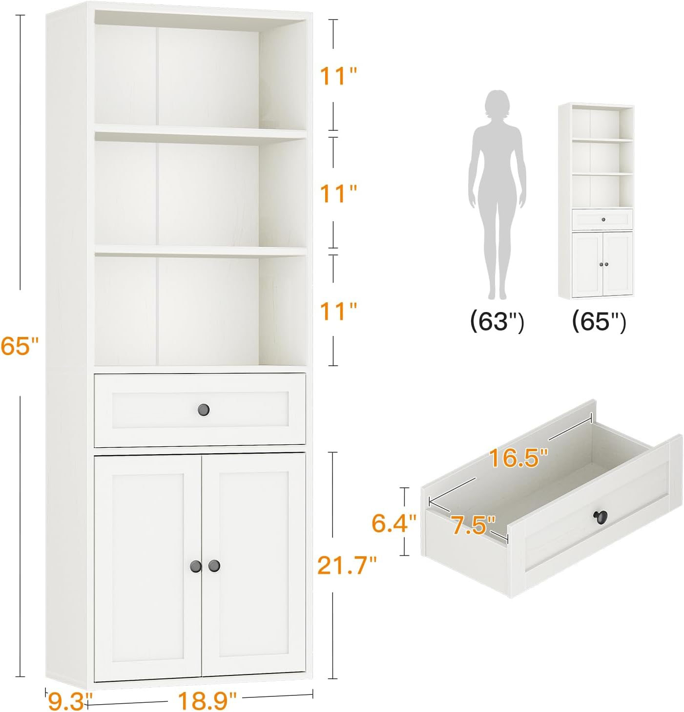 Casaottima Bookshelf and Bookcase with Doors and Drawer, Floor Standing 6-Tier Shelf Display Storage Shelves, Tall Bookcases for Home Office, Living Room, White