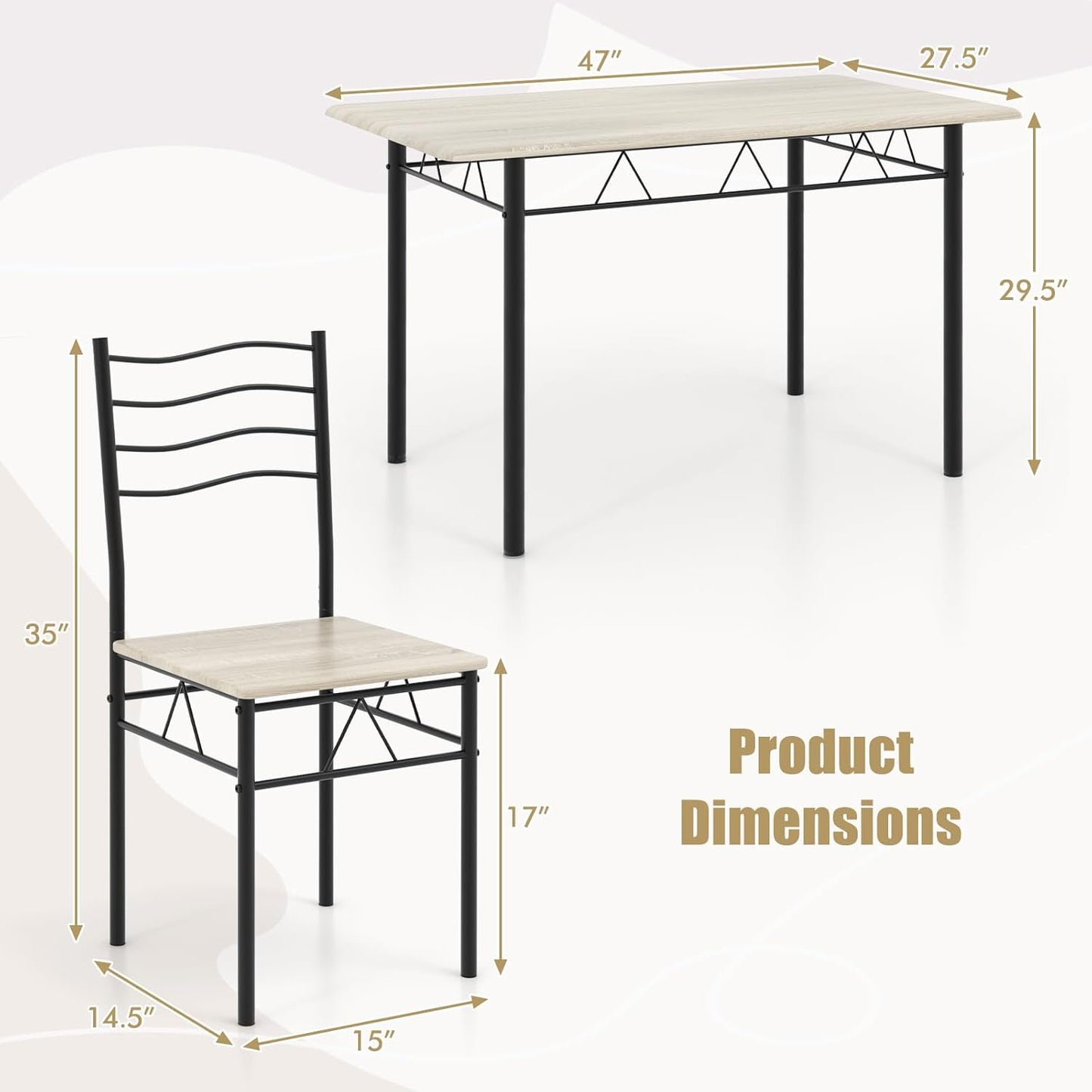 5 PCS Dining Table Set Counter Height Table and Chairs Set W/Steel Structure Dining Desk, 4 High Backrest Chairs & Anti-Slip Pads Dining Furniture Set for Kitchen and Restaurant(Beech Wood)